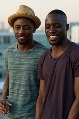 Obraz premium Two young men laughing on rooftop at sunset for city lifestyle portrait and casual urban background