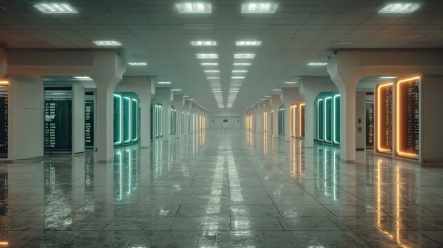 Long futuristic corridor with neon lights.