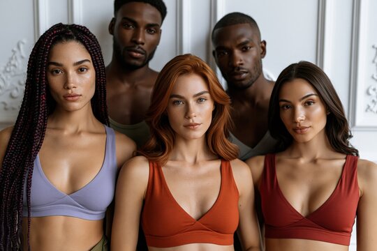 Diverse closeup portrait of confident young adults in minimal tops for fashion background and lifestyle banner for editorial and wellness design