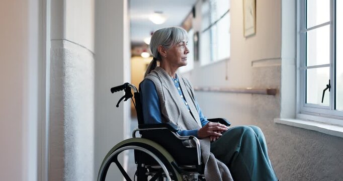 Thinking, insight or old woman in center with wheelchair, daydream or nostalgia in calm mindset. Reflection, wonder or elderly person with disability, flashback or peaceful perspective in retirement.