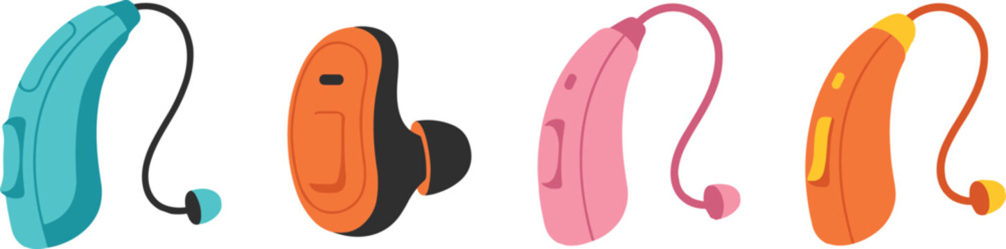 Medical Digital Hearing Aid Vector Icon Set Featuring Behind The Ear and In The Canal Devices for Deafness and Auditory Care Graphic Designs