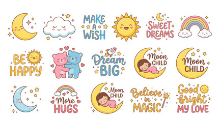 Fototapeta premium Cute hand drawn sticker set with moon sun and rainbow for kids nursery decor