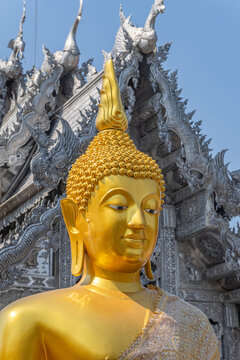 Chiang Mai, Thailand-February 10, 2026;  Close up of buddha statue at Wat Sri Suphan known as the Silver Temple showcases the meticulous hand-tooled metalwork of local Lanna artisans. 