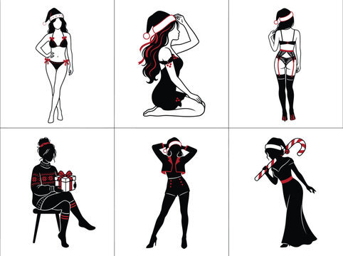 Christmas Holiday Themed Female Silhouettes in Festive Poses.
