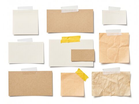Assorted brown kraft paper sheets with tape and crumpled textures for creative packaging design mockups