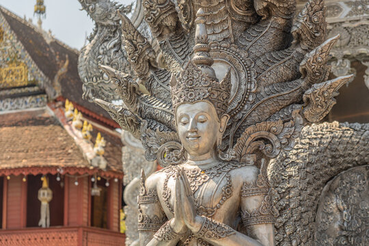 Chiang Mai, Thailand-February 10, 2026;  Close up of  statue at Wat Sri Suphan known as the Silver Temple showcases the meticulous hand-tooled metalwork of local Lanna artisans. 