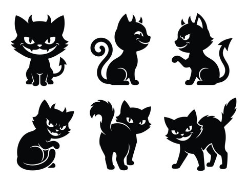 Collection of six black cat silhouettes with devilish horns and tails.