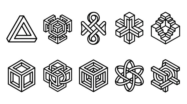 Set of ten black and white geometric impossible shapes and optical illusions