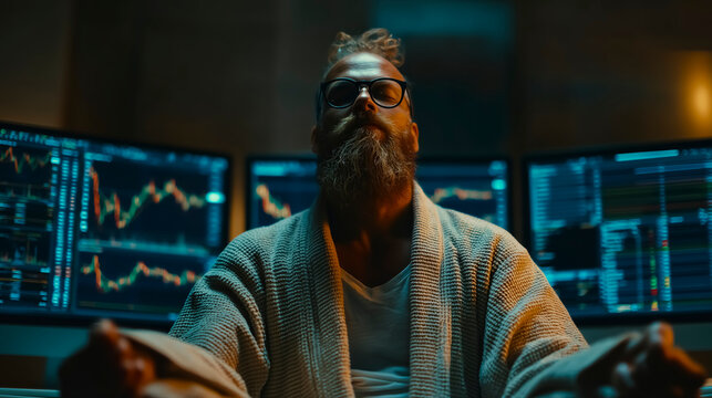 Professional trader meditating in front of multiple financial monitors, illustrating emotional discipline, trading psychology, stress reduction, financial decision making, and investment mindset.