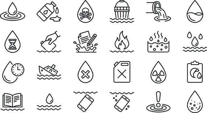 Water pollution and liquid waste line icon set with toxic oil spill radiation and ecology hazard symbols