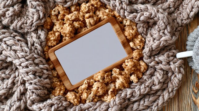 Cozy knitted blanket surrounds caramel popcorn with a wooden tray for text.