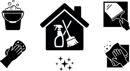 House cleaning service icon set featuring bucket spray bottle broom squeegee sponge and wiping rag vector illustration © Mursalin