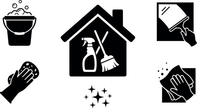 House cleaning service icon set featuring bucket spray bottle broom squeegee sponge and wiping rag vector illustration