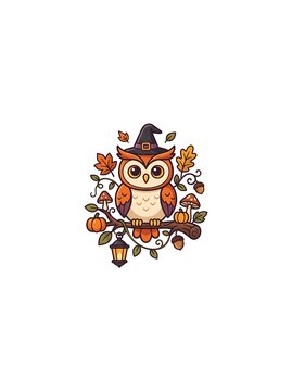 Cute Cartoon Halloween Witch Owl on Tree Branch Vector Illustration