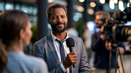 Fototapeta na wymiar Over the shoulder view of a businessman answering questions during a corporate interview with a female journalist while a cameraman shoots broadcast video in a bright office