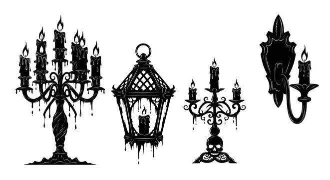 Gothic black candelabra and lantern silhouettes, spooky dripping wax candles set, dark macabre skull candlestick and wall sconce vector illustrations