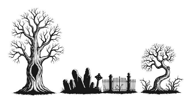 Spooky Halloween graveyard vector elements, hand drawn dead trees and cemetery tombstones, gothic black and white horror landscape icons