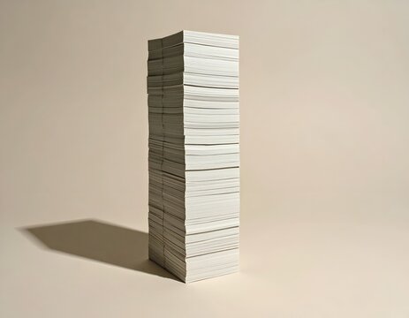 Vertical stack of blank white paper sheets isolated on a neutral beige background
