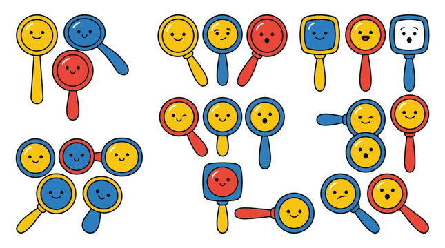 Back To School teacher day Kawaii magnifying glass characters with cute faces, cartoon search icons set in primary colors, playful investigation and discovery vector elements isolated on White