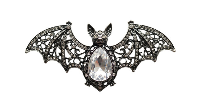 Ornate silver bat brooch with a large central clear crystal isolated on transparent background