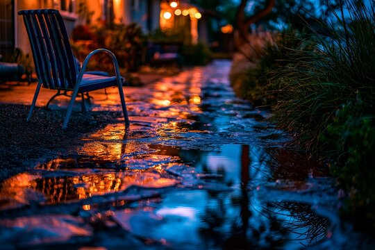 A wet flagstone path after rain leading to a small patio chair, complemented by lush green borders.