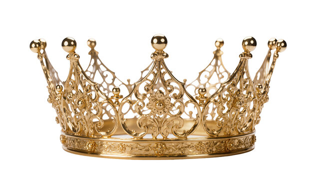 Ornate golden royal crown with intricate filigree details, isolated on transparent background