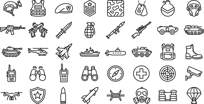 Military and defense line icon set. Army weapons, tactical equipment, military vehicles, air force jet, navy submarine, and war combat vector collection.