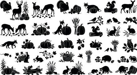 Obraz premium Autumn animals harvest nature elements silhouette vector icons set