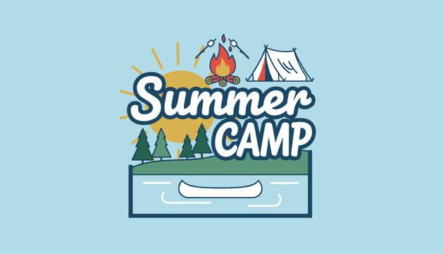 Summer camp typography illustration featuring campfire, white tent, yellow sun, pine trees, and canoe on water.