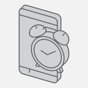Alarm clock app isometric icon, mobile wake up concept. Vector graphics. Smartphone clock, app sign with outline style icon for mobile or web design.