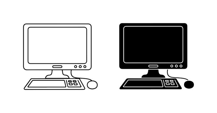 Retro Desktop Computer Icons, Vintage PC Set, Old Technology Graphics, Black and White Icons
