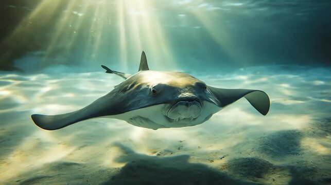 Underwater stingray swimming with sunlight beams and sandy seabed