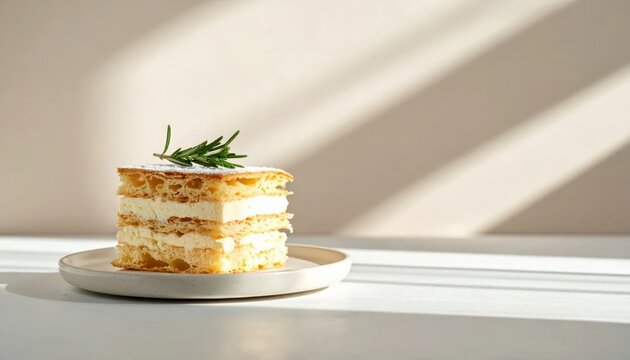 Slice of Delicious Mille-feuille Cake with Cream Layers and Rosemary Topping on a Plate with Minimalist Background and Ample Copy Space in Natural Sunlight