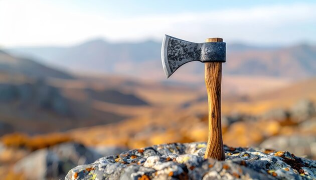 Rustic hand axe stuck in a rock in a scenic mountain landscape with blurred background and ample copy space for survival and outdoor themes.