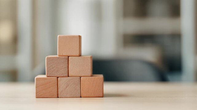 Hand stacking wooden blocks in a pyramid structure, slow motion, close-up of building success, representing growth, strategy, and achievement, for business development and project planning