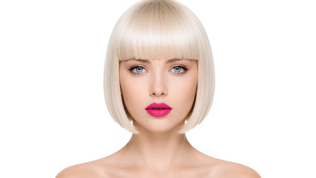 Beautiful young woman with stylish platinum blonde bob haircut and bangs, striking blue eyes, and bold pink lipstick looking directly at the camera on a clean white background