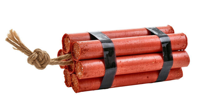 Bundle of red dynamite sticks with black tape and twine fuse, isolated on transparent background