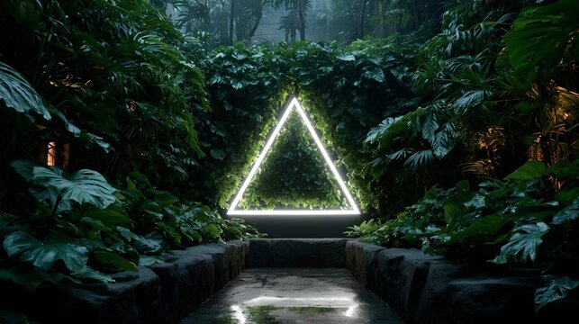 A glowing equilateral triangle portal amidst a lush, overgrown jungle path, inviting mystery and adventure