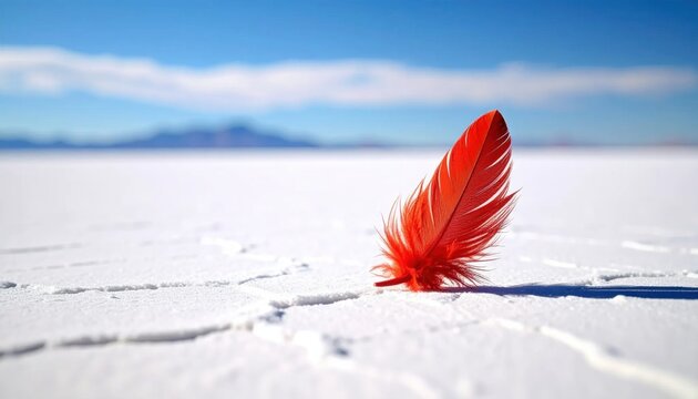 A single vibrant red feather standing on a vast white salt flat desert under a clear blue sky with extensive copy space.