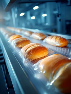 Rows of freshly baked bread loaves, individually wrapped in clear plastic, move along a conveyor belt in a food production facility