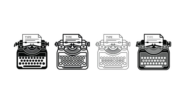 Four vintage typewriter illustrations in a linear style on a white background representing classic writing tools