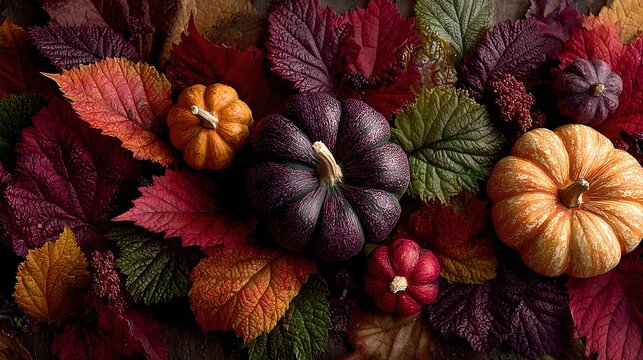 A top-down view of a vibrant autumn harvest featuring miniature pumpkins and colorful fall leaves. The scene is rich with seasonal hues and textures, creating a warm and inviting display