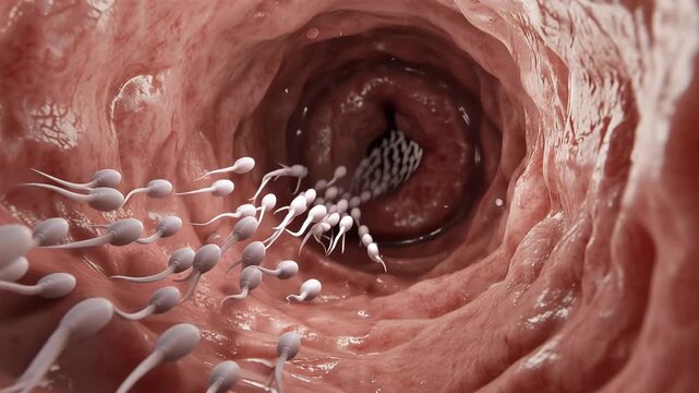 Journey to Life: Microscopic view of numerous sperm cells swimming towards an egg cell in a human fallopian tube, a symbolic representation of conception and new beginnings.