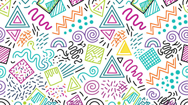 Seamless pattern with colorful hand drawn geometric shapes and abstract doodles in a playful eighties style