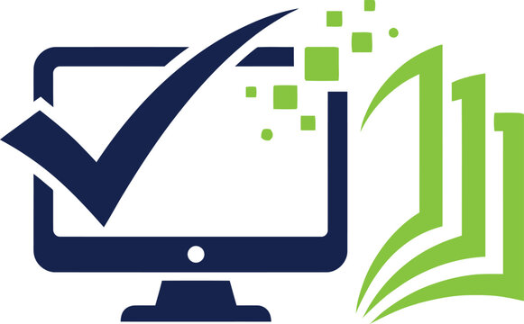 Digital monitor icon with a large check mark and data transfer pixels representing successful computer system verification