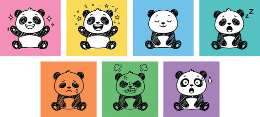 Set of cute cartoon panda bear characters with various facial expressions on colorful square backgrounds © Rahima