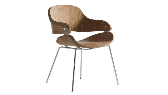 Curved molded plywood armchair with chrome legs, isolated on transparent background