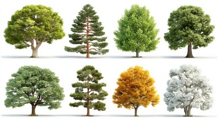 Obraz premium A collection of eight diverse trees, each representing a different season, from lush green summer foliage to autumnal colors and winter snow