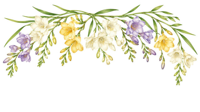 Freesia Watercolor Floral Border with White Yellow and Purple Flowers
