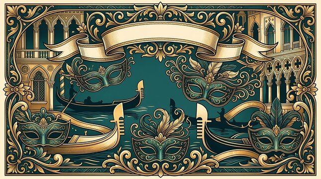 Ornate masquerade banner with venetian masks and gondolas